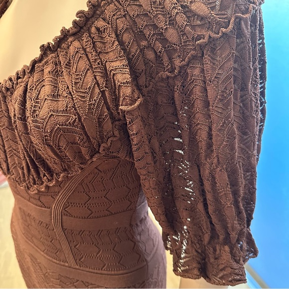 Catherine Malandrino Sz P Brown KNIT FITTED Dress W PUFF SLV CROCHET GREAT COND - Picture 8 of 9